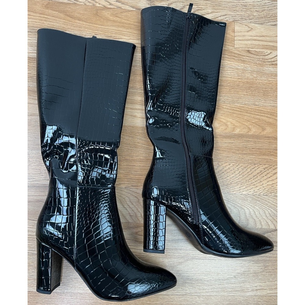 Fashion Nova Martha Knee-High Black Snake Boots Women's Size 8.5 Zip Close NEW